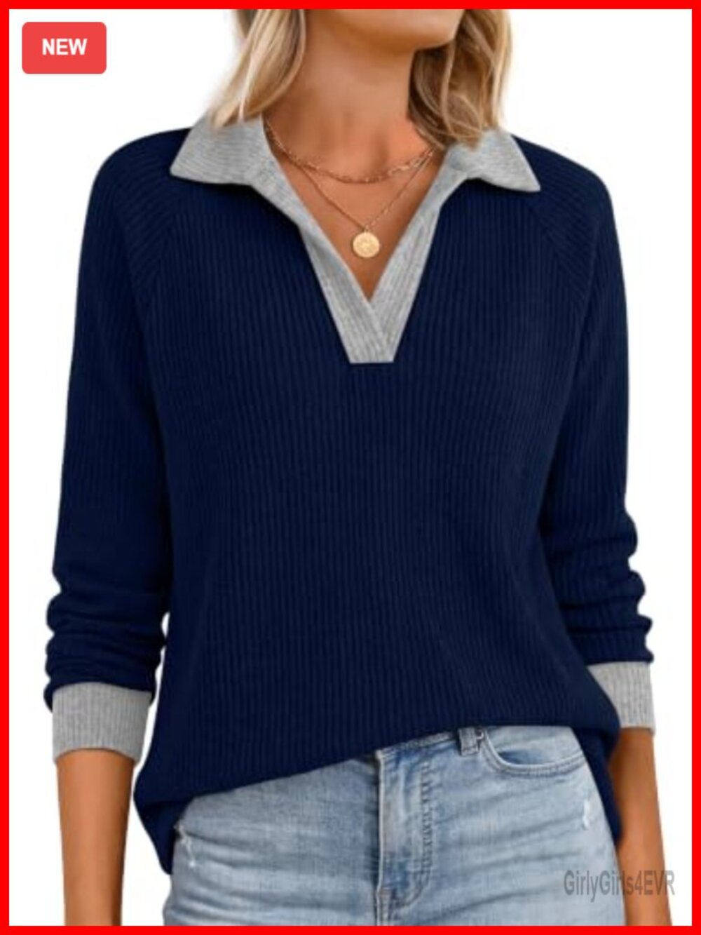 OFEEFAN Women's V Neck Long Sleeve Polo Sweatshirt Pullover Ribbed Knit Top